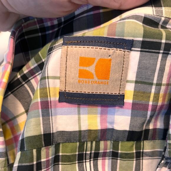 BOSS ORANGE Mens Madras Plaid Short Sleeve Button Down Shirt Medium - Picture 6 of 10